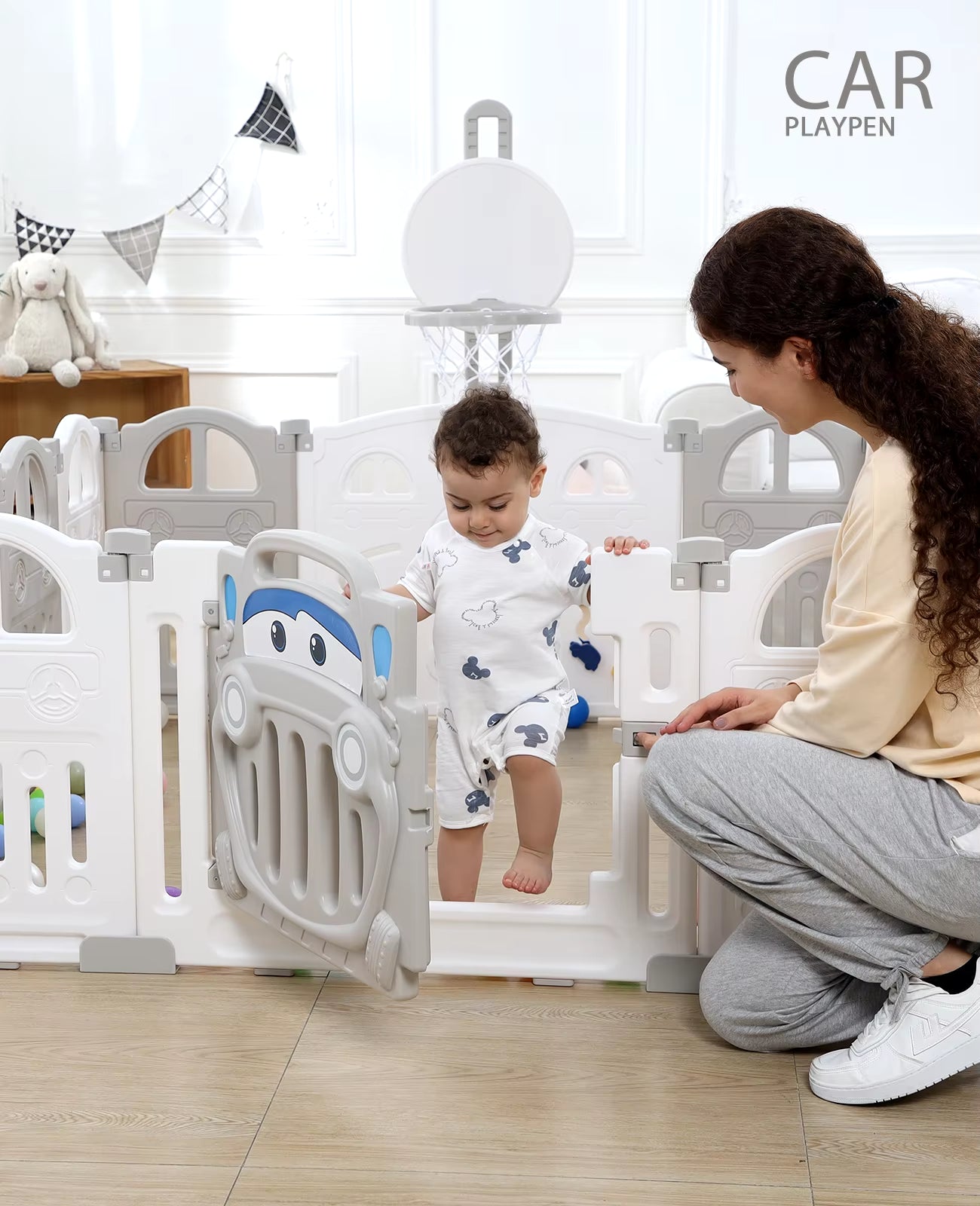 Foldable Baby Playpen with Basketball Hoop & 50Pcs Coloured Pit Balls, Toddler and Baby Play Pen Fence, 14-Panel