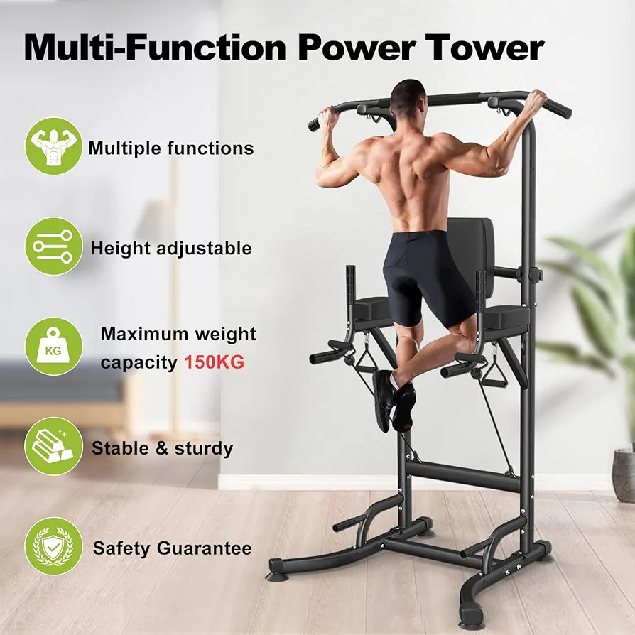 Pull Up & Dip Station, Adjustable Height Multi-Function Power Tower for Home Gym Strength Training Fitness Workout Equipment