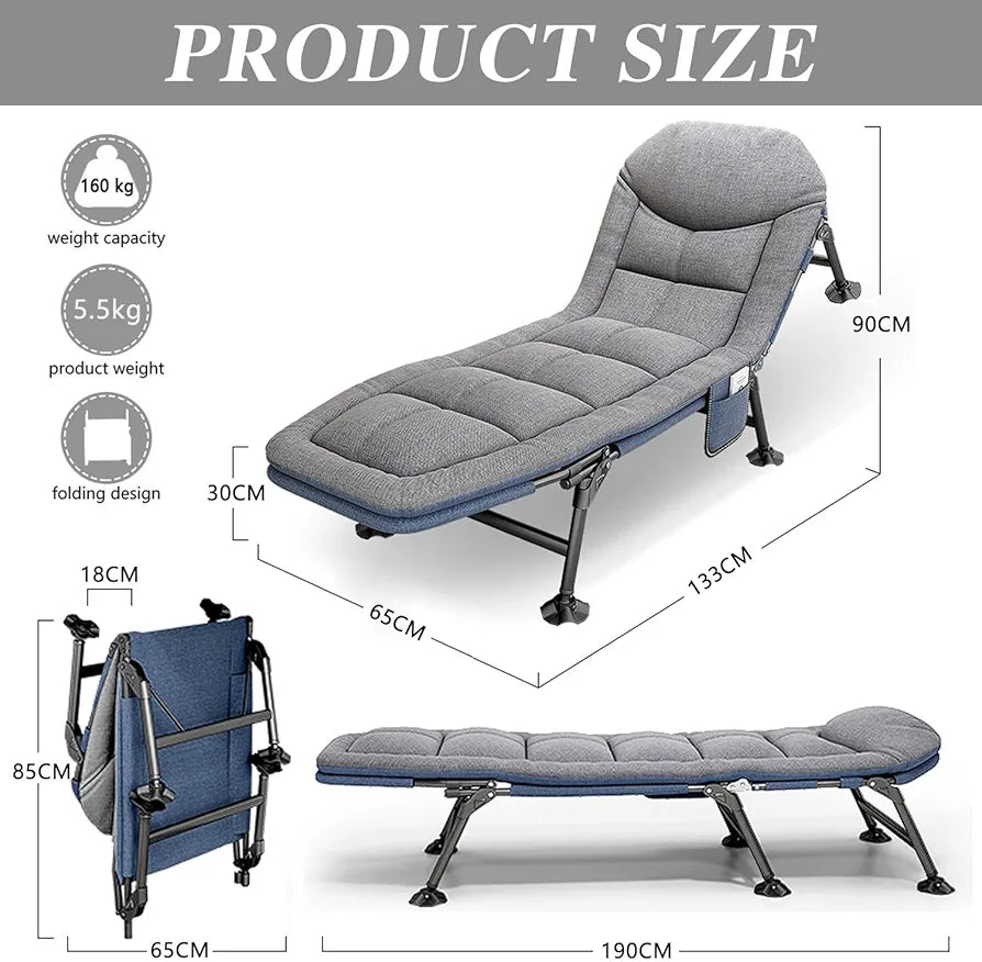 Portable Reclining Bedchair with Pillow, Outdoor Fishing Sleeping Cot