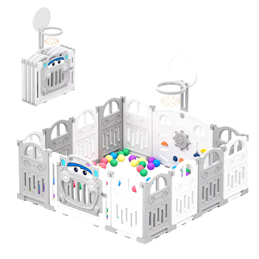 Foldable Baby Playpen with Basketball Hoop & 50Pcs Coloured Pit Balls, Toddler and Baby Play Pen Fence, 14-Panel