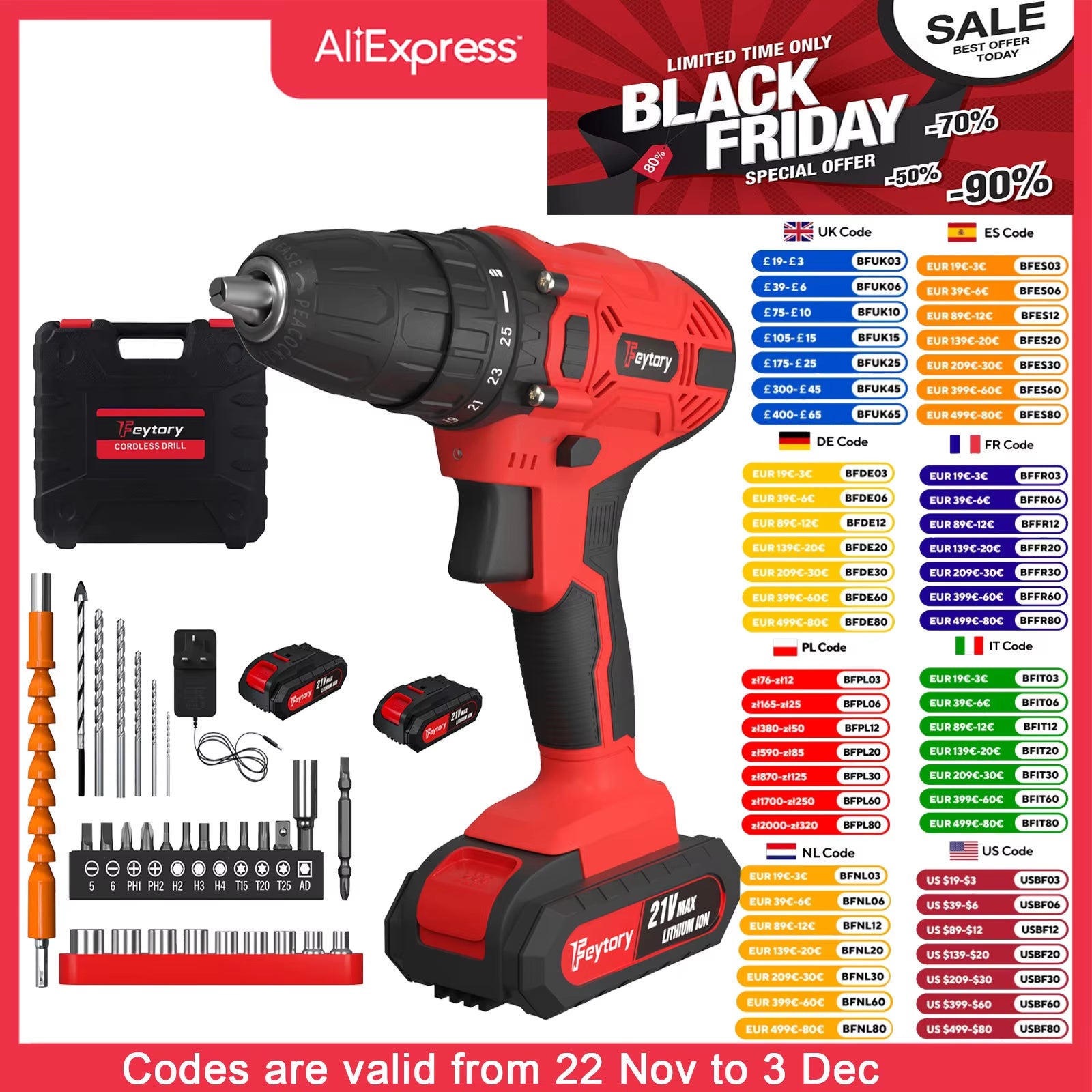 21V Cordless Power Drill with 1500Mah Battery Electric Drill Driver 25+1 Torque 45Nm Screwdriver Kit Combi Drill 3/8"