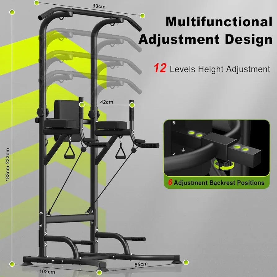 Pull Up & Dip Station, Adjustable Height Multi-Function Power Tower for Home Gym Strength Training Fitness Workout Equipment