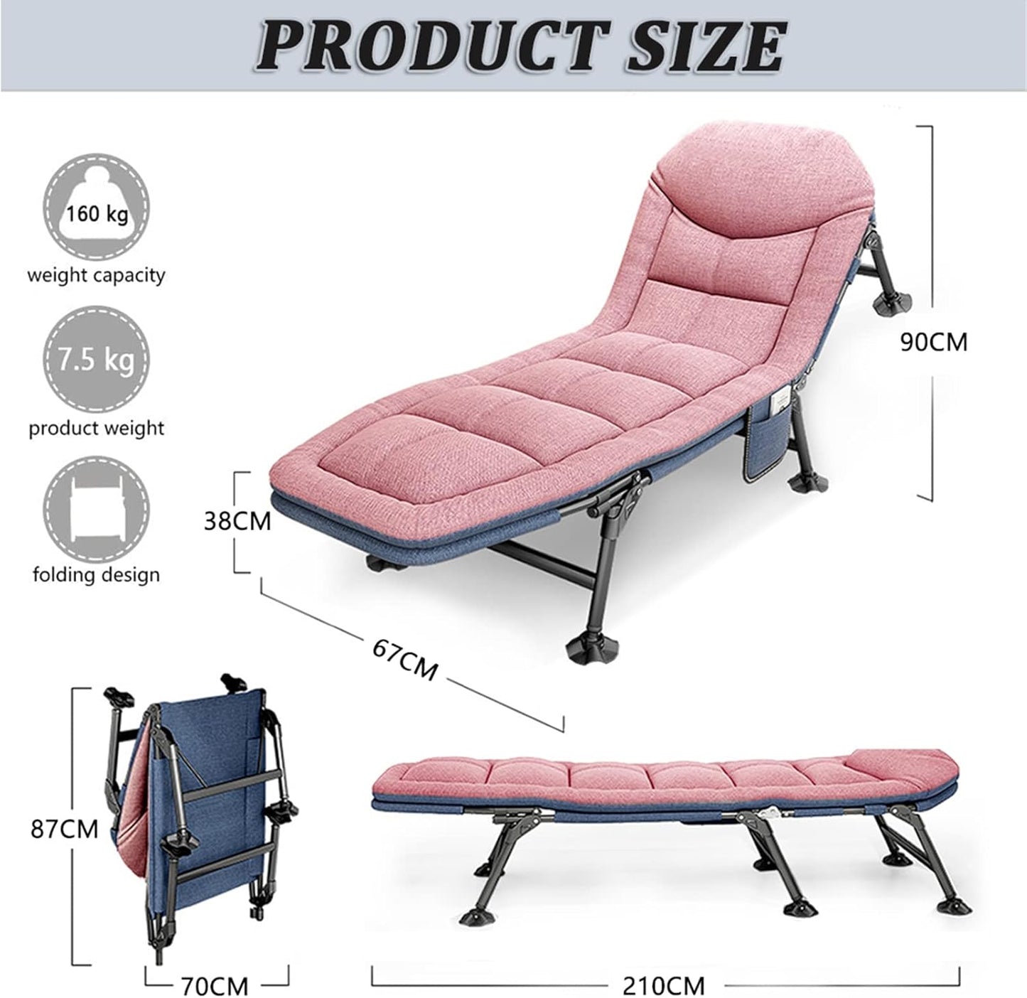 Portable Reclining Bedchair with Pillow, Outdoor Fishing Sleeping Cot